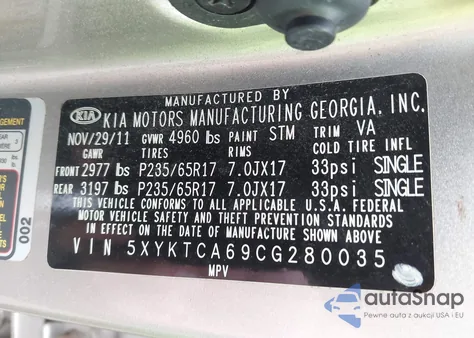 2012 Kia Sorento Lx from USA, damaged, VIN 5XYKTCA69CG280035